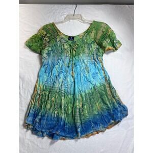 Advance Boho Tie Dye Snake Print Lace Up Tunic Top Green Blue Free Size